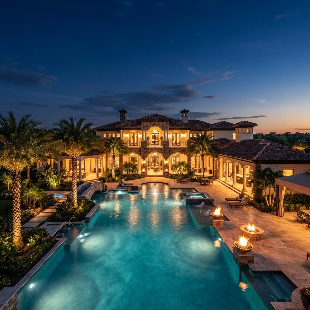 Grand estate with a resort-style pool at twilight