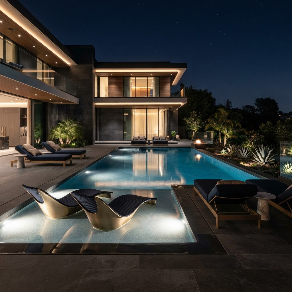 Modern luxury pool with underwater lighting at night