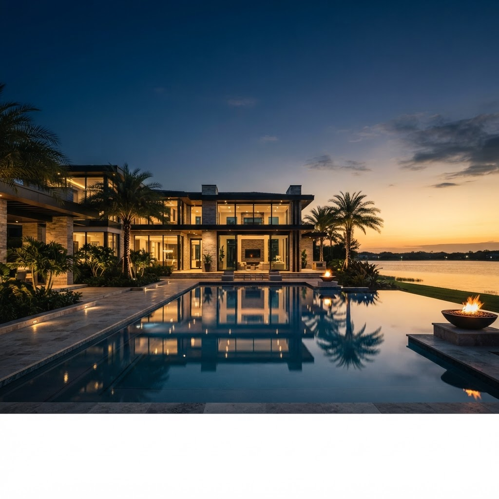 Luxury estate with a resort-style pool at twilight