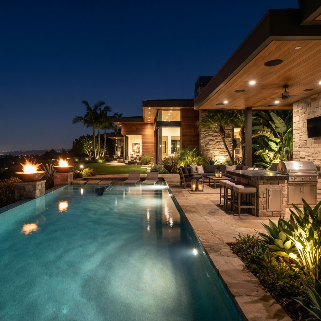 Luxury outdoor living area with fire bowls